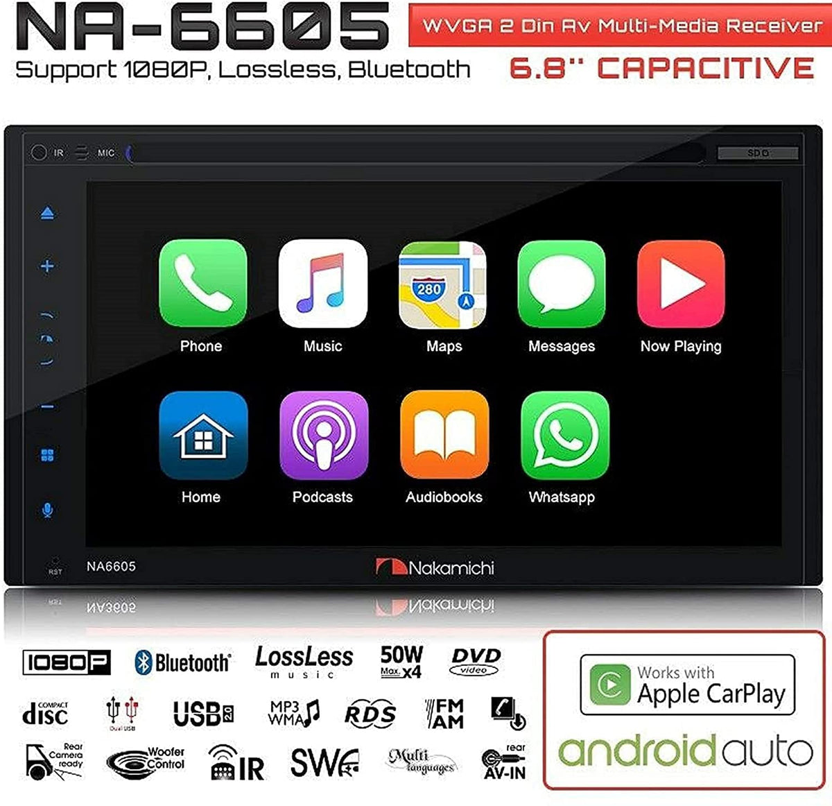 nakamichi 6.8 2 din android apple carplay auto display na6605