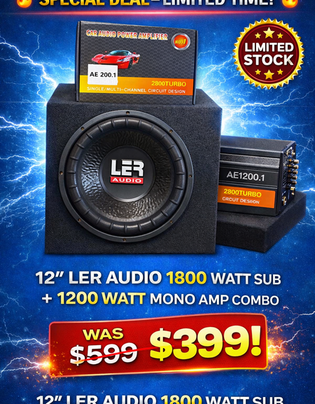 🔊 COMBO – LER Audio 12″ (1800W) Subwoofer + 1200W Mono Amp + Enclosure