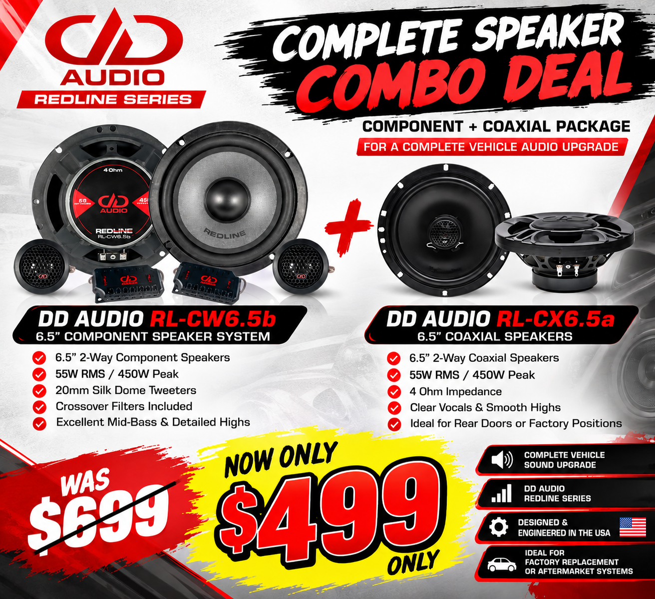 DD Audio 6.5″ Component + Coaxial Speaker Combo | RL-CW6.5B + RL-CX6.5A | 450W Each